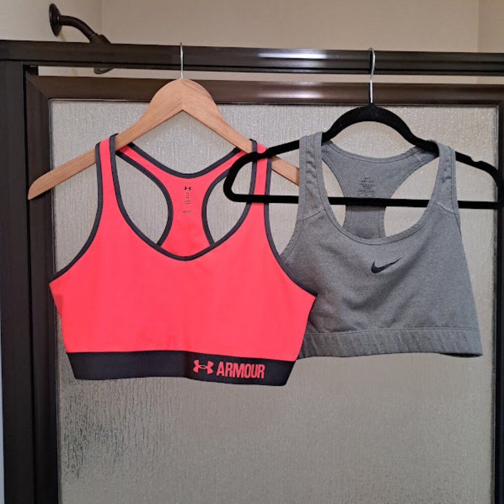 Nike and Under Armour women's sports‎ bras size XL blue and coral pink color